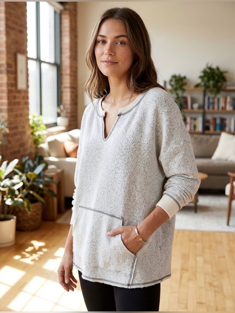 Project Social T Oversized Notch-Neck Sweatshirt- Cream Marbled Fleece- sz Large